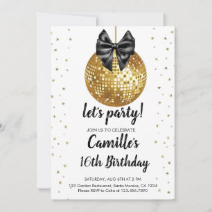 Invitation Boule disco dorée Anniversaire ruban noir