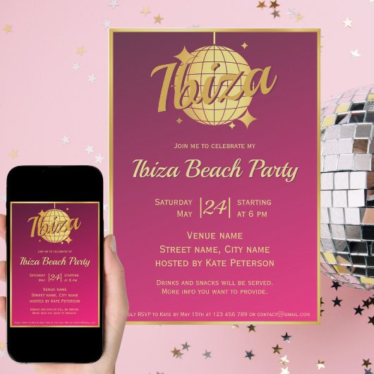 Invitation Boule disco dorée thème Ibiza rose fête 