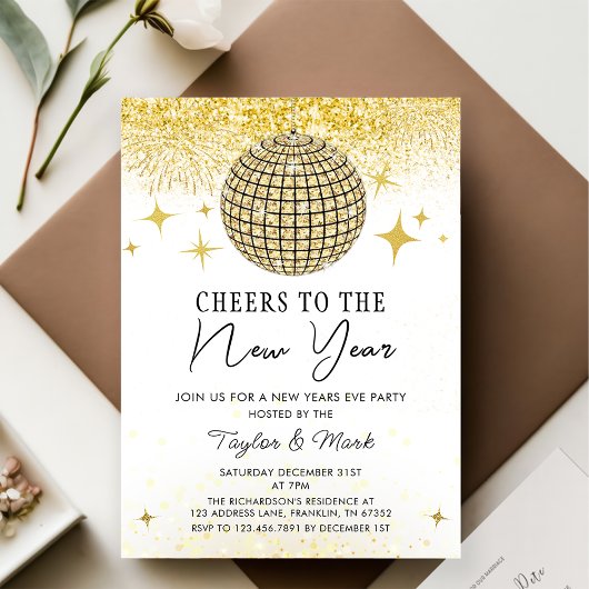 Invitation Boule Disco Gold Sparkly à la fête du Nouvel An