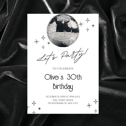 Invitation Boule disco noire et blanche pour soirée