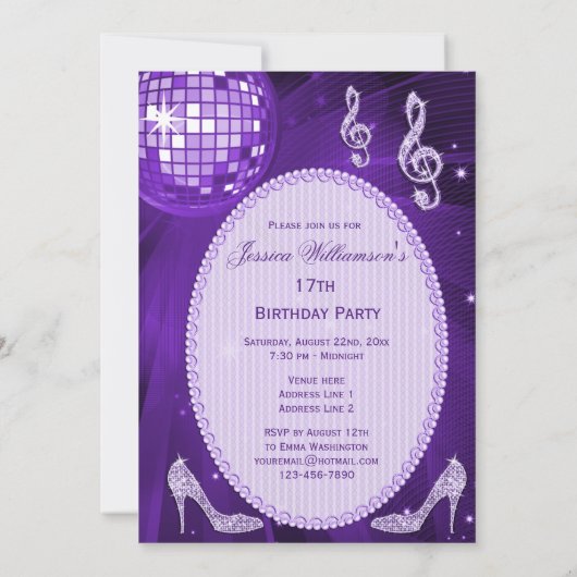 Invitation Boule Disco Purple Heels 17e anniversaire (Dos)