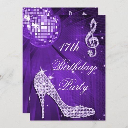 Invitation Boule Disco Purple Heels 17e anniversaire (Devant / Derrière)