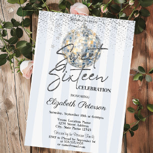 Invitation Boule Disco Rétro Bandes Bleues Sweet 16
