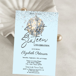 Invitation Boule Disco Rétro Lumière Bleue Sweet 16