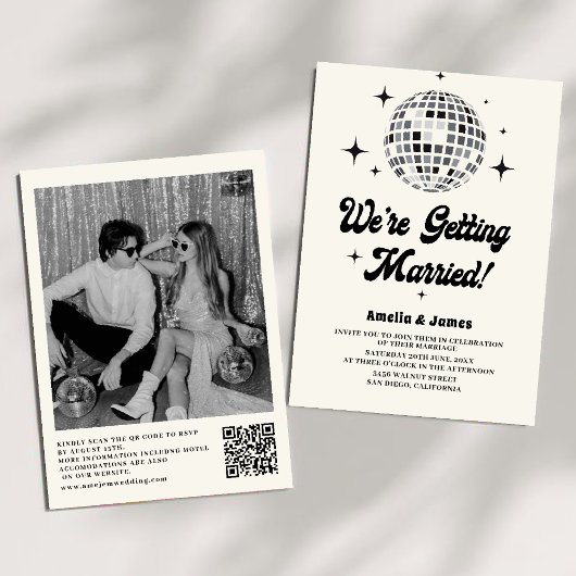 Invitation Boule Disco Rétro Mariage Code QR Noir Blanc