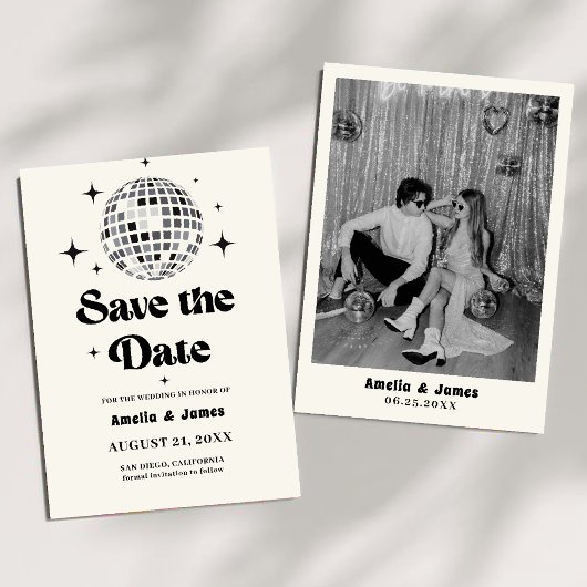 Invitation Boule Disco Retro noir blanc Enregistrer le Mariag