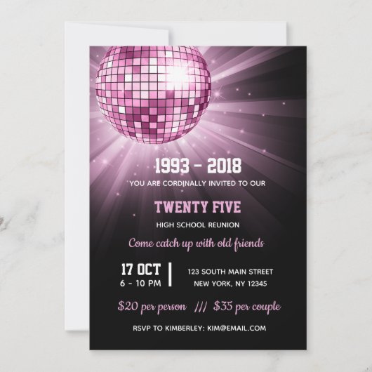 Invitation Boule disco rose (Devant)
