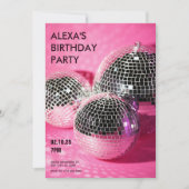 Invitation Boule disco rose pour fête d'anniversaire (Devant)