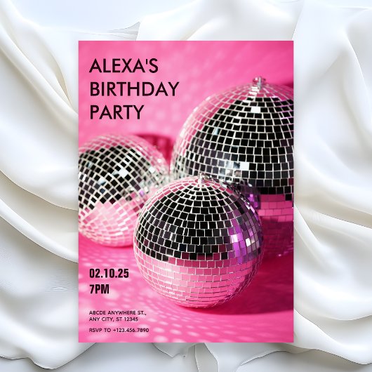Invitation Boule disco rose pour fête d'anniversaire
