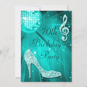 Invitation Boule disco sarcelle et talons à paillettes 70e an