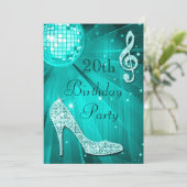 Invitation Boule disco sarcelle et talons scintillants 20e an (Debout devant)