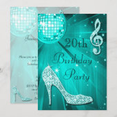 Invitation Boule disco sarcelle et talons scintillants 20e an (Devant / Derrière)