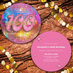 Invitation Boule disco Strass Rose Or Fête des 100 ans