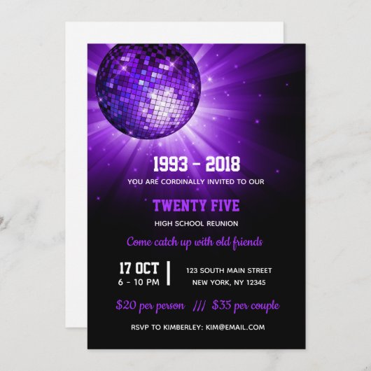 Invitation Boule disco violet (Devant / Derrière)