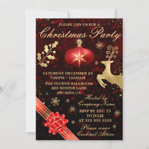 Invitation Boule et ruban de Noël élégants rouge et or pour f
