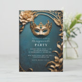 Invitation Boule mascarade de masque vénitien doré (Debout devant)
