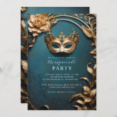 Invitation Boule mascarade de masque vénitien doré (Devant / Derrière)