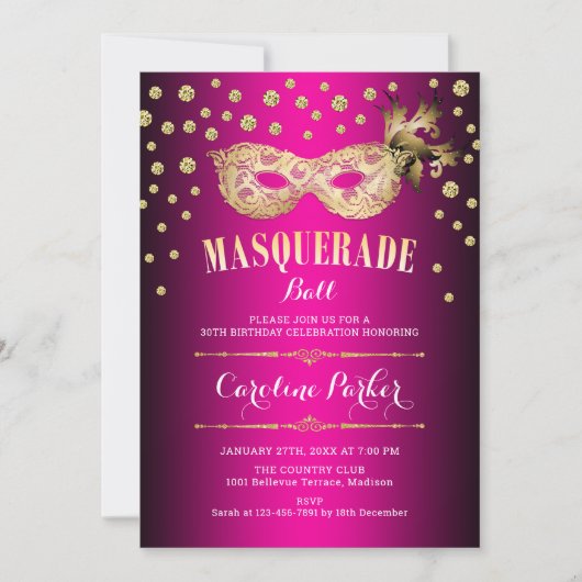 Invitation Boule Mascarade Rose Or Anniversaire (Devant)