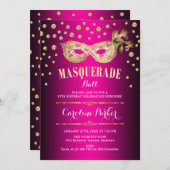Invitation Boule Mascarade Rose Or Anniversaire (Devant / Derrière)