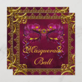 Invitation Boule Mascarade Rouge Or Maroon Mascarade (Devant / Derrière)