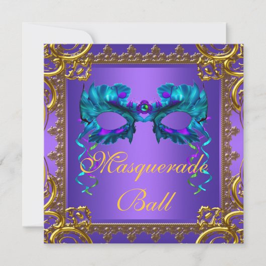 Invitation Boule Mascarade Turquoise couleur or violet (Devant)