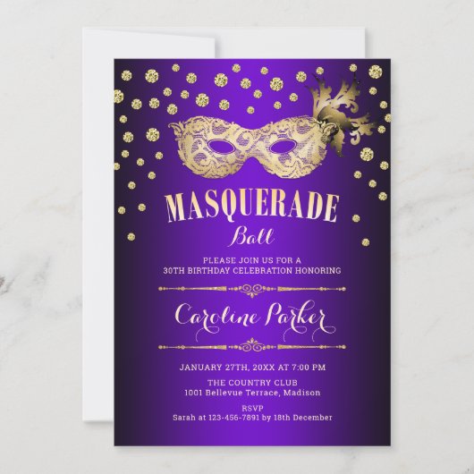 Invitation Boule Masquerade violet or fête d'anniversaire (Devant)