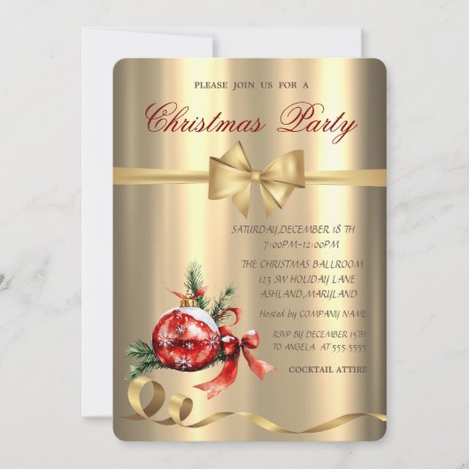 Invitation Boule rouge, Bow, Soirée de Noël d'or (Devant)