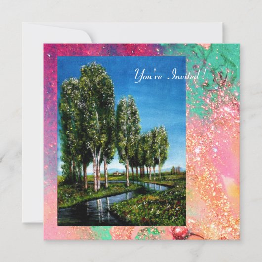 Invitation BOULEAUX EN TOSCANE, rose vert or scintille (Devant)