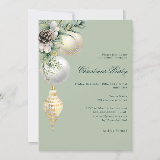 Invitation Boules blanches en or vert compagnie Noël (Devant)