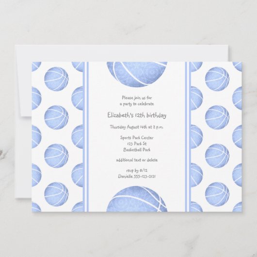 Invitation boules de basket bleu clair motifs filles annivers (Devant)