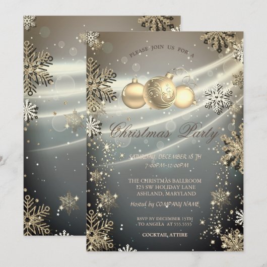 Invitation Boules de flocons de neige dorés Fête de l'entrepr (Devant / Derrière)