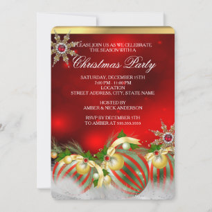 Invitation Boules de houx argentées rouges dorées Noël Party