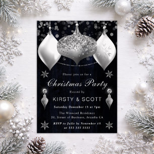 Invitation Boules de Noël à paillettes bleues marine et argen