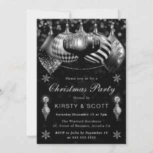 Invitation Boules de Noël à paillettes noires et argentées po