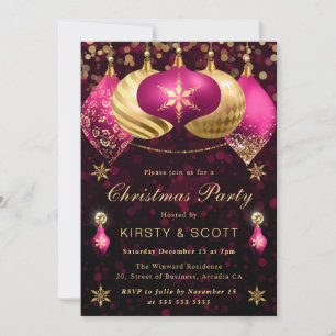 Invitation Boules de Noël à paillettes roses et dorées pour f