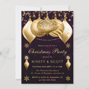 Invitation Boules de Noël à paillettes violettes et dorées po