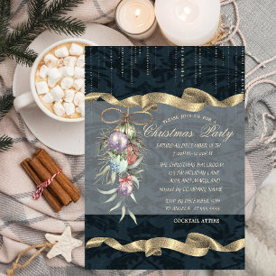Invitation Boules de Noël aquarelle, Fête de Noël damassée