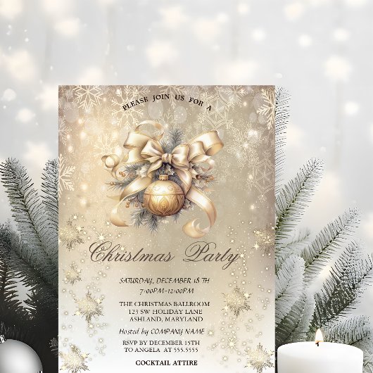 Invitation Boules de Noël Arc Flocons de Neige Or