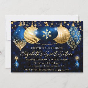 Invitation Boules de Noël Bleu et Or Douze ans