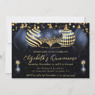 Invitation Boules de Noël Bleu Nuit et Or Quinceanera