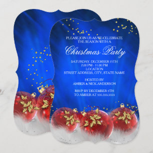 Invitation Boules de Noël Bleu Rouge Or Fête de Noël Blanche