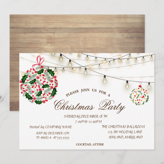 Invitation Boules de Noël, Bois, Luminaires à cordes Noël (Devant / Derrière)