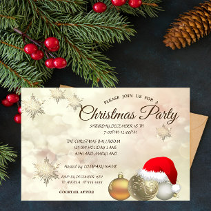 Invitation Boules de Noël, Bokeh, Chapeau de Père Noël Fête d