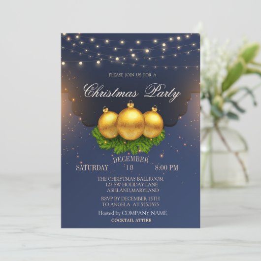 Invitation Boules de Noël Branches Bleu Compagnie de Noël (Debout devant)