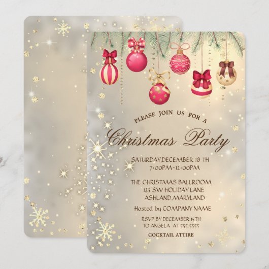 Invitation Boules de Noël, Branches de Sapin Or de Noël (Devant / Derrière)