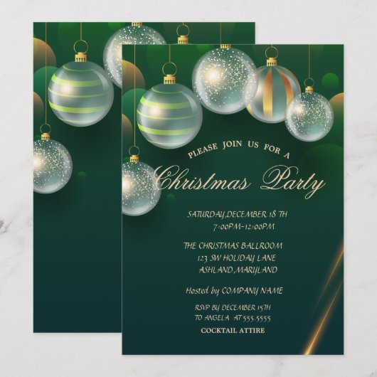 Invitation Boules de Noël chic Fête de Noël verte (Devant / Derrière)