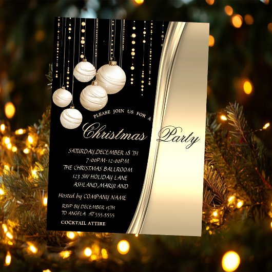 Invitation Boules de Noël crème, Fête de la société dorée