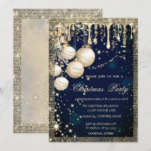 Invitation Boules de Noël élégantes Drips Or Bleu Noël