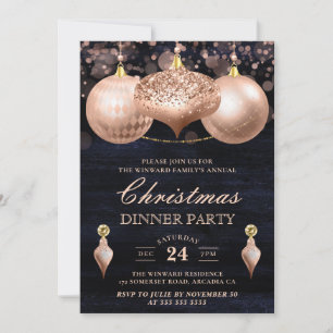 Invitation Boules de Noël élégantes en or rose pour dîner de