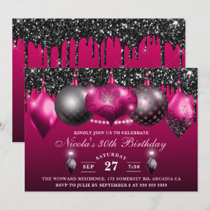 Invitation Boules de Noël élégantes rose chaud et noir à pail